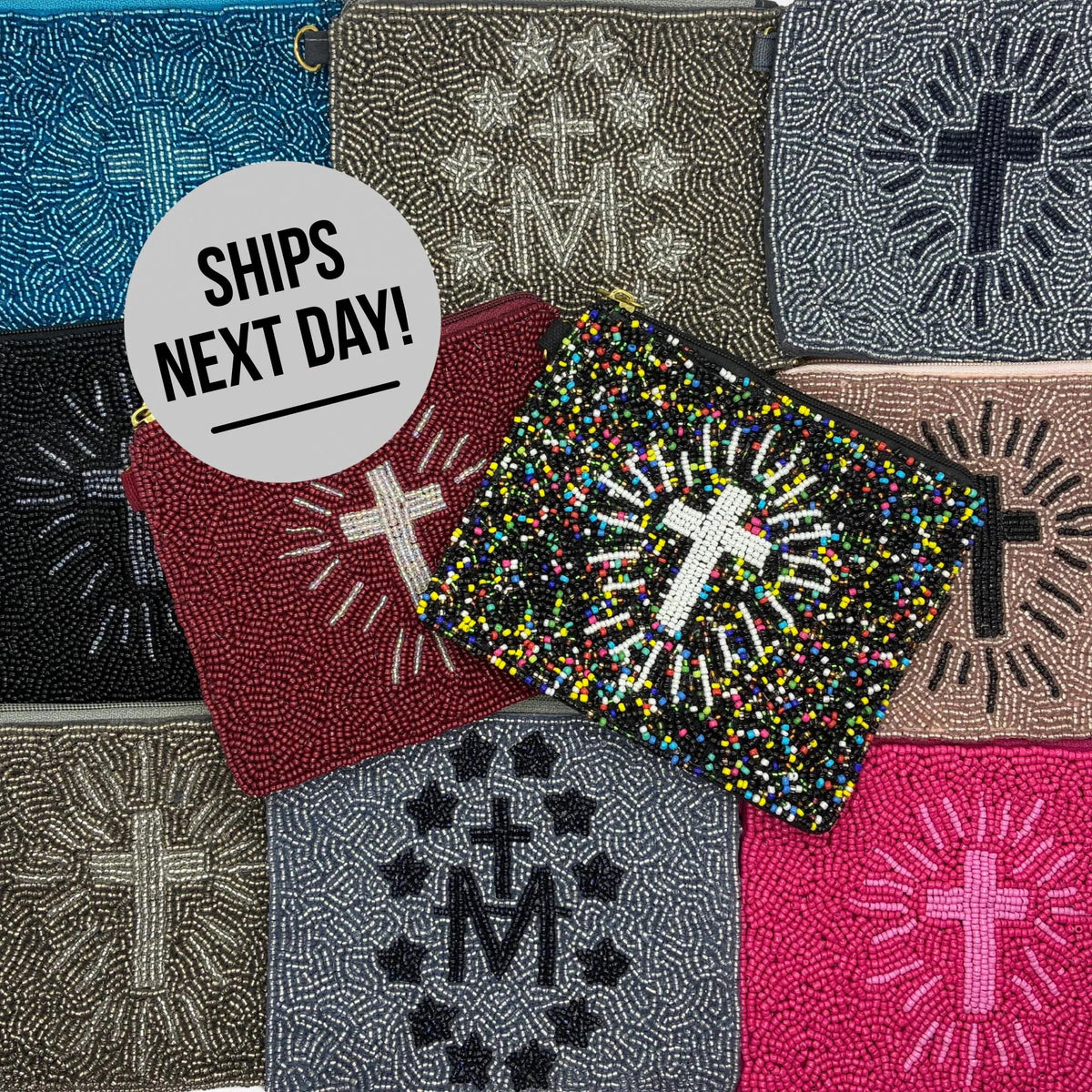 Beaded Cross Zipper Pouch | Catholic Coin Purse, Rosary Holder