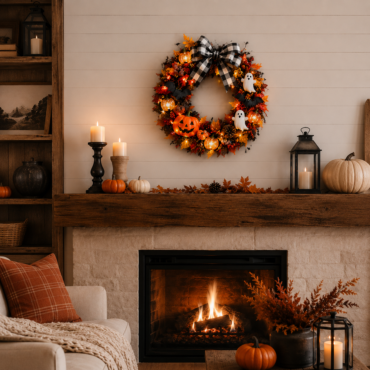20 Inch Lighted Halloween Fall Wreath Warm - Spooky-Cute Charm for Your Front Door ๐๐ป