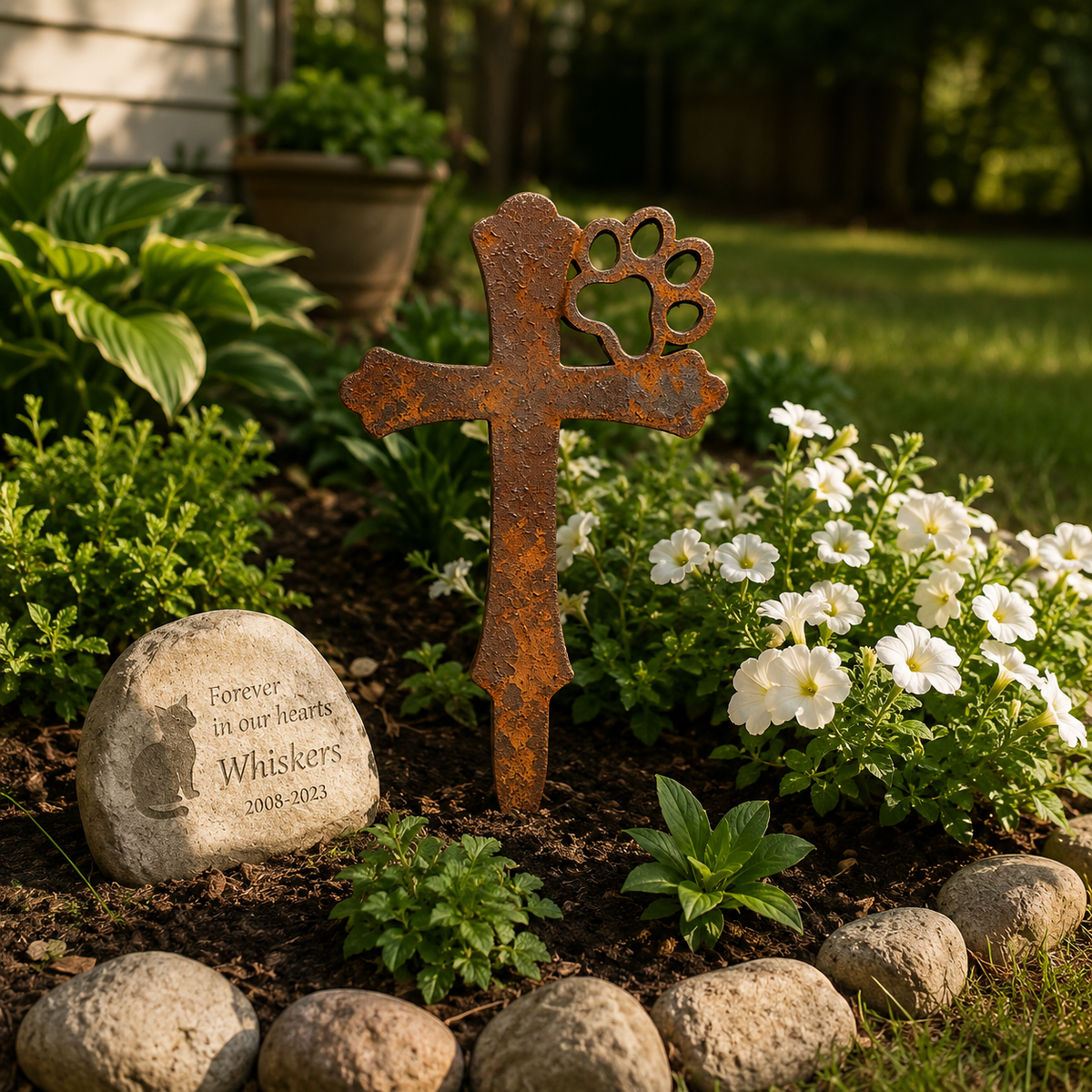 Rustic Metal Pet Memorial Garden Stake with Paw Print Cross