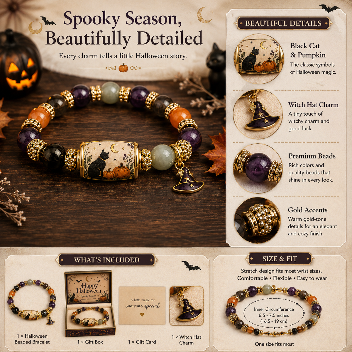 Limited Edition 2026 Halloween Black Cat Pumpkin Beaded Bracelet Gift Set