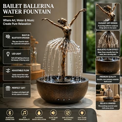 Ballerina Water Fountain,Elegant Dancer Sculpture with Flowing Skirt,Artistic Decor,Zen Indoor Water Feature,Tabletop Art,Gift for Her