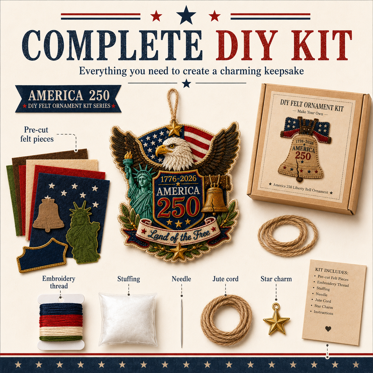 America 250 DIY Felt Ornament Kit, 1776-2026 Patriotic Handmade Hanging Decoration, Red White Blue Felt Craft Kit with Embroidery Thread, Jute Cord & Star Charm for Independence Day, Memorial Day, Veterans Day, Home Decor
