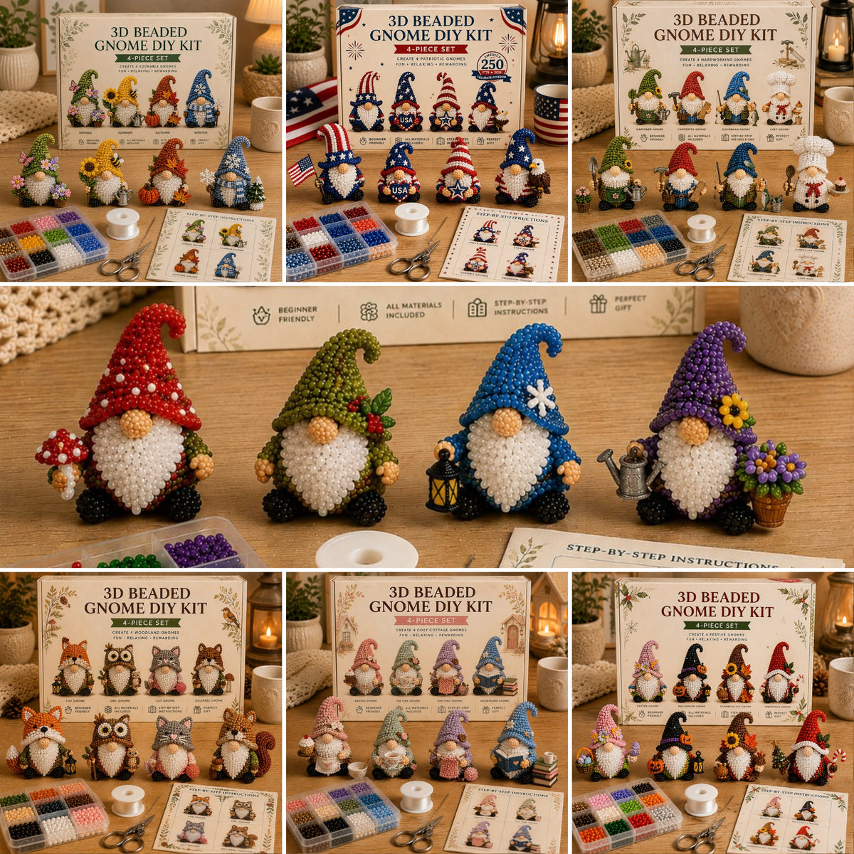 3D Beaded Gnome DIY Kit – Collectible Gnome Craft Set (4-Piece Series Collection)