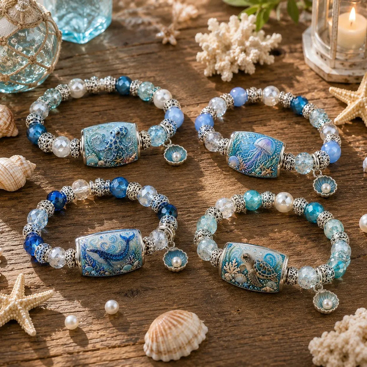 Ocean Theme Charm Bracelet Collection | Blue Beaded Marine Life Jewelry Inspired by the Sea 💙🐚