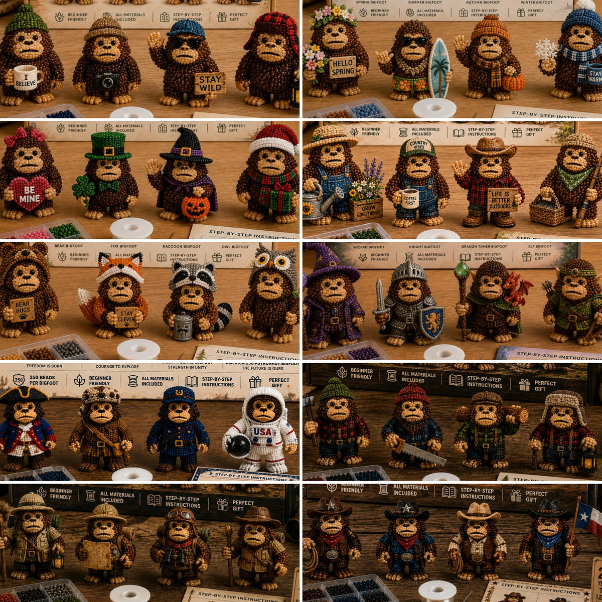 3D Beaded Bigfoot DIY Kit – Collectible Bigfoot Craft Set (4-Piece Series Collection)