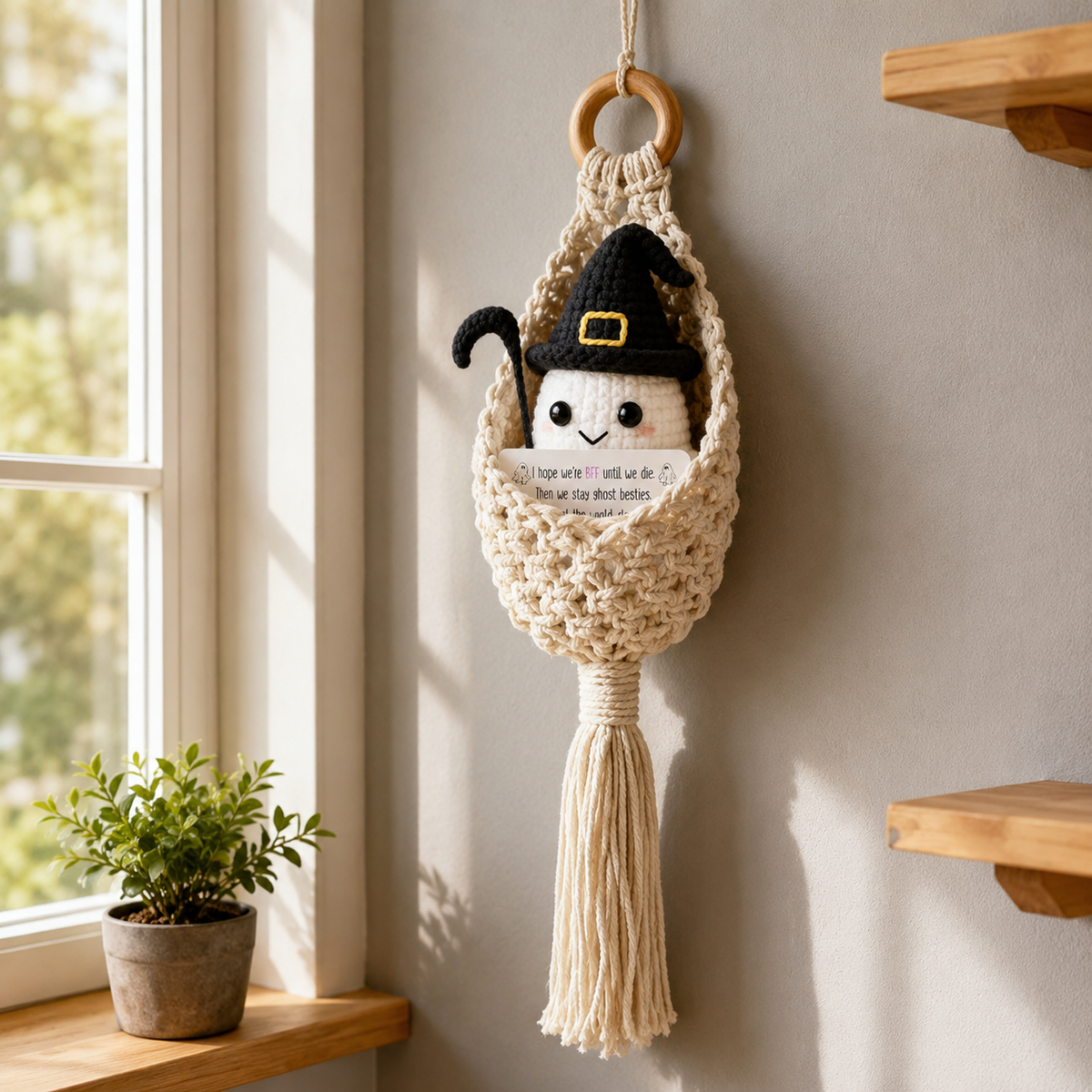 Spooky-Cute Crochet Ghost Gift 👻 Bestie Desk Decor & Boho Hanging Basket