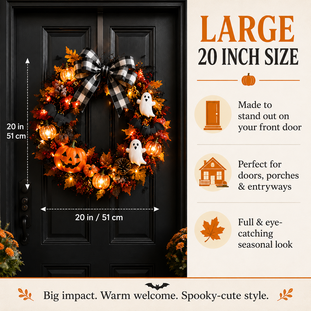 20 Inch Lighted Halloween Fall Wreath Warm - Spooky-Cute Charm for Your Front Door 🎃👻