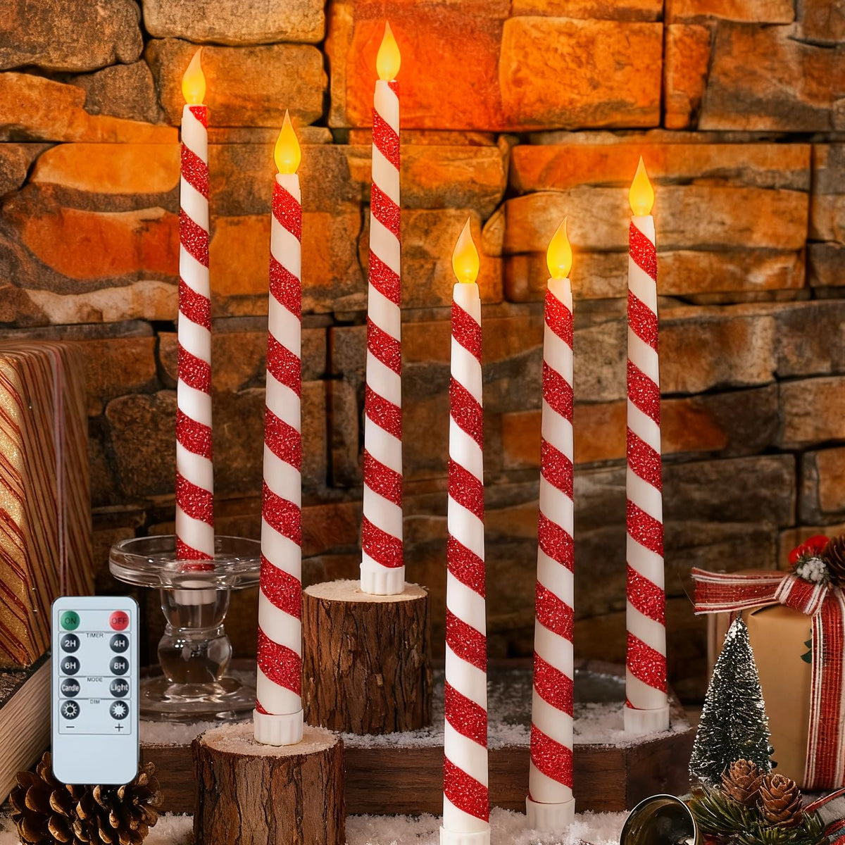 6 Pack Christmas Candy Cane Flameless Flickering Candles with Remote Control