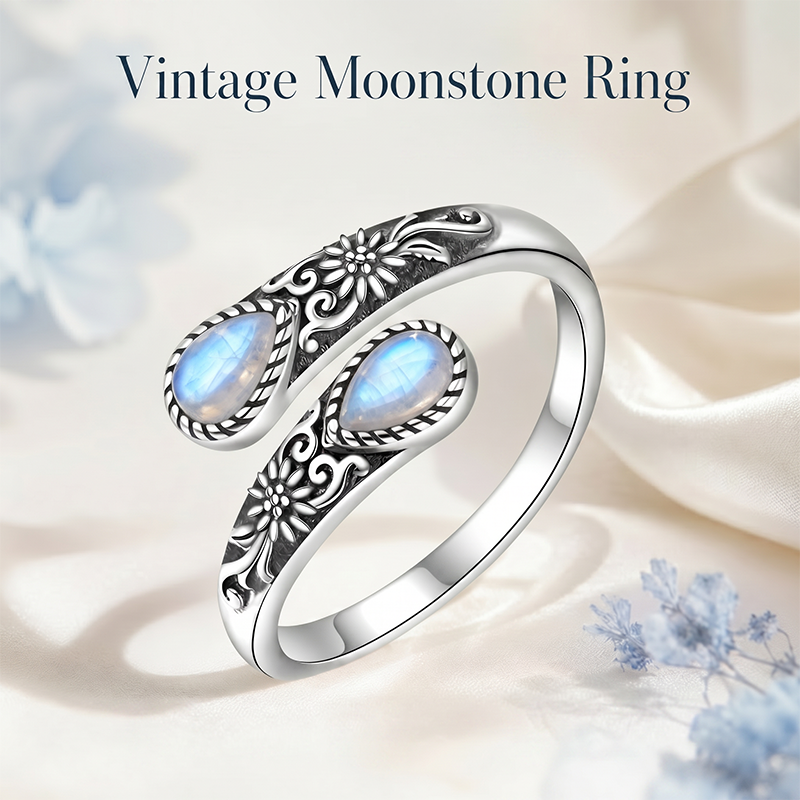 🌙Last Day 50% OFF🌙Moonstone Bloom Ring | Vintage Style • Adjustable Fit • Timeless Elegance