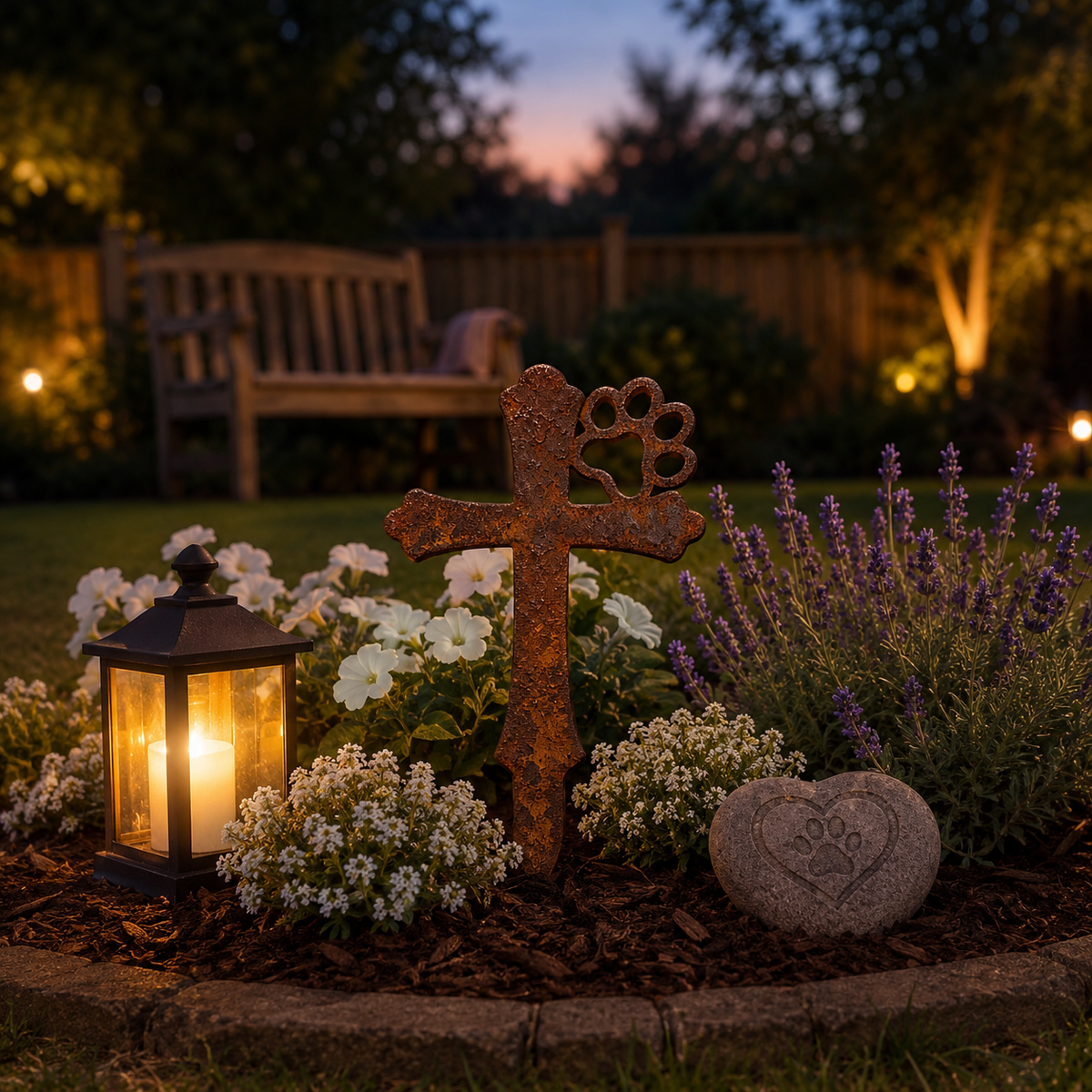 Rustic Metal Pet Memorial Garden Stake with Paw Print Cross