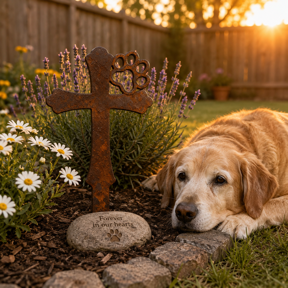 Rustic Metal Pet Memorial Garden Stake with Paw Print Cross