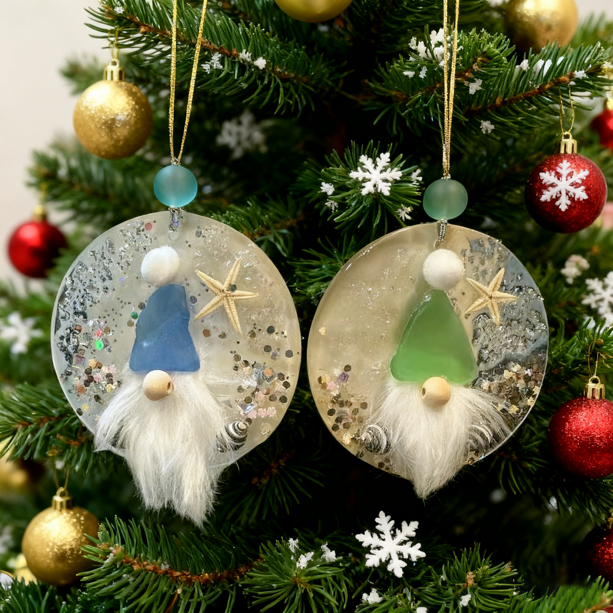Coastal Christmas Gnome Sea Glass Ornament