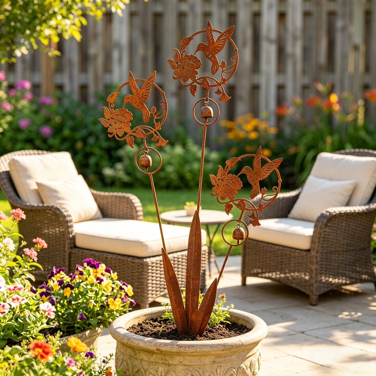Triple Hummingbird and Lily Garden Stake