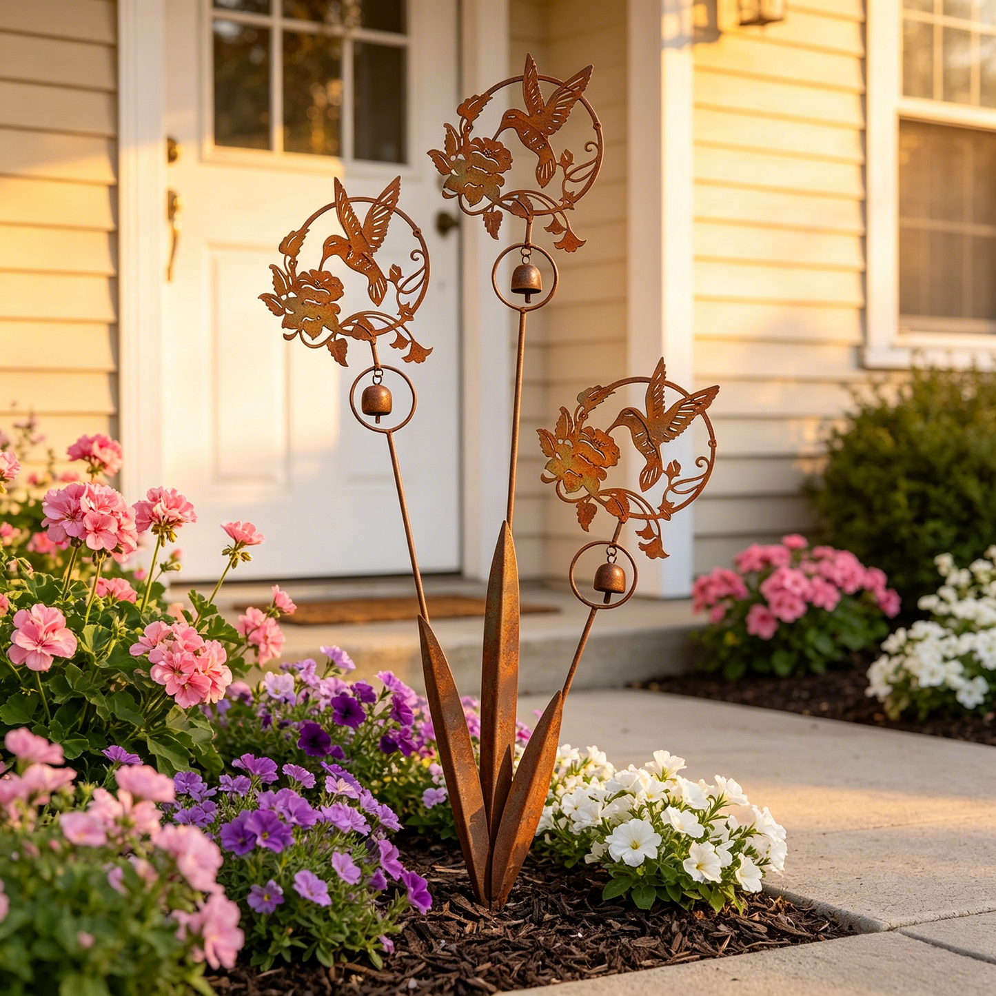 Triple Hummingbird and Lily Garden Stake