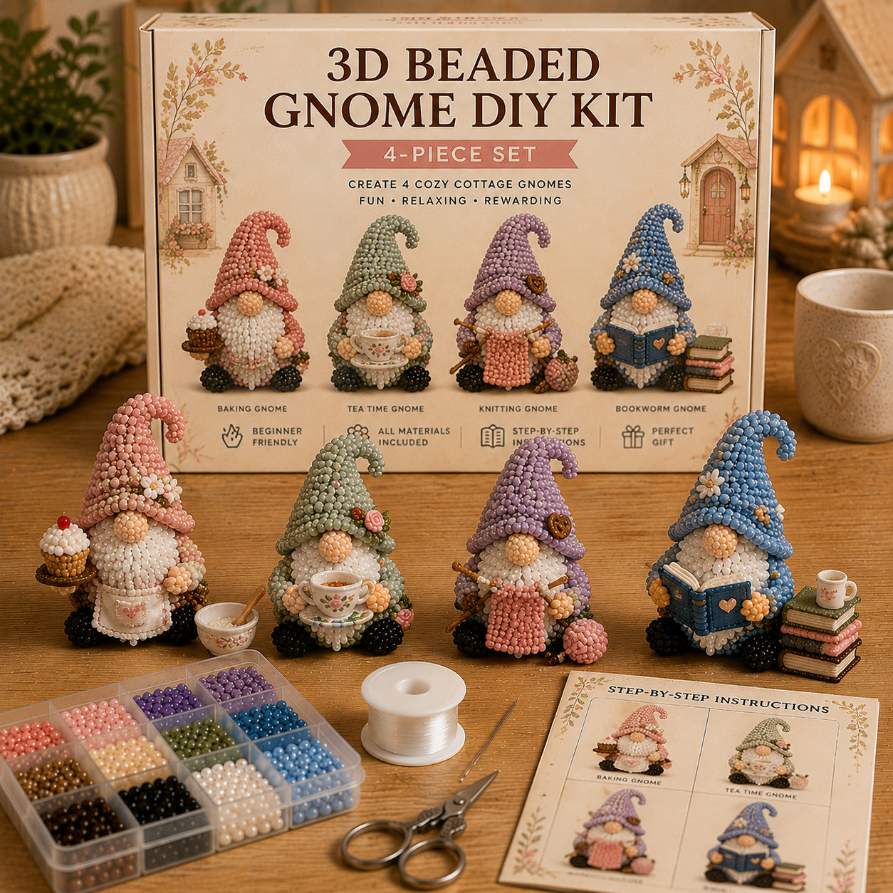 3D Beaded Gnome DIY Kit – Collectible Gnome Craft Set (4-Piece Series Collection)