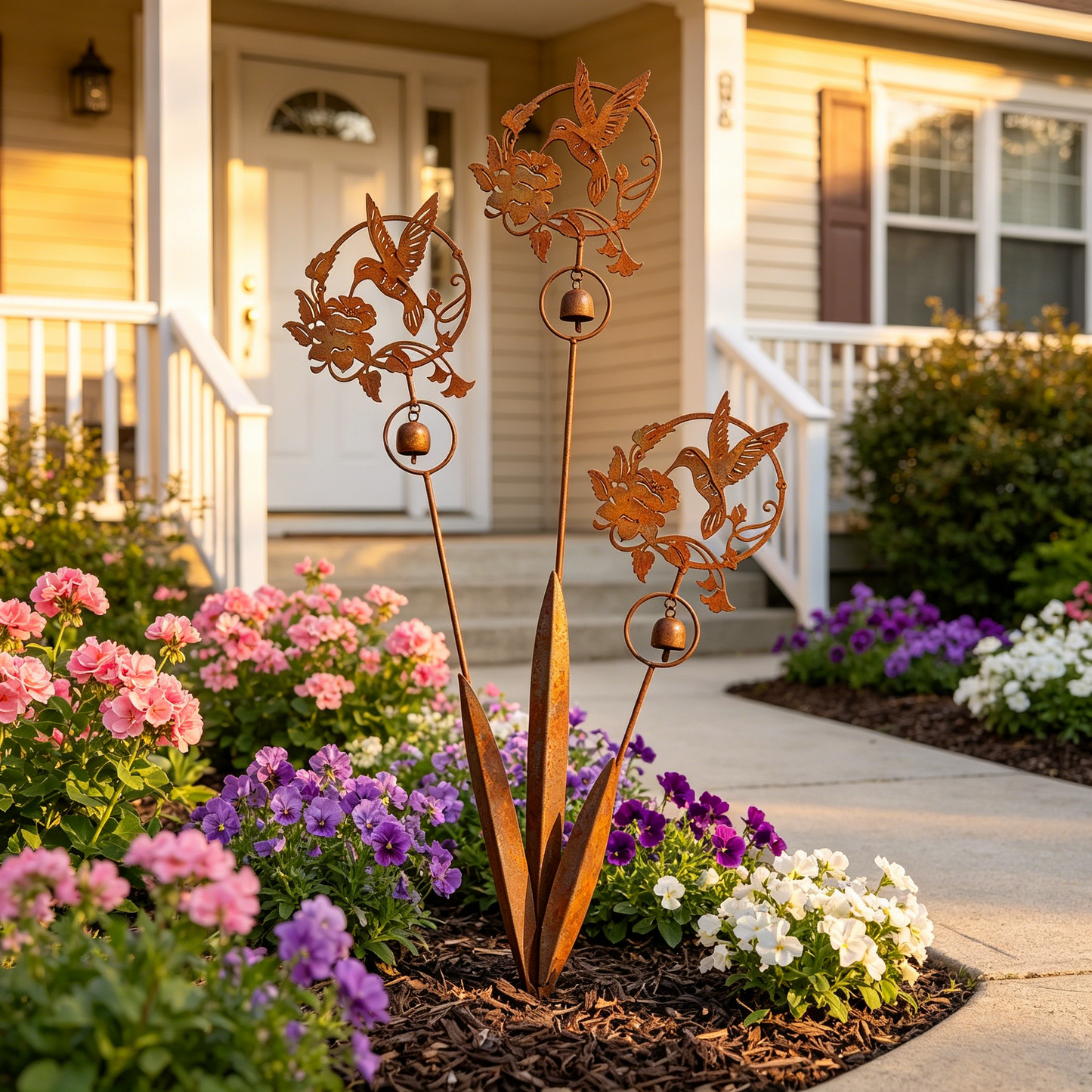 Triple Hummingbird and Lily Garden Stake