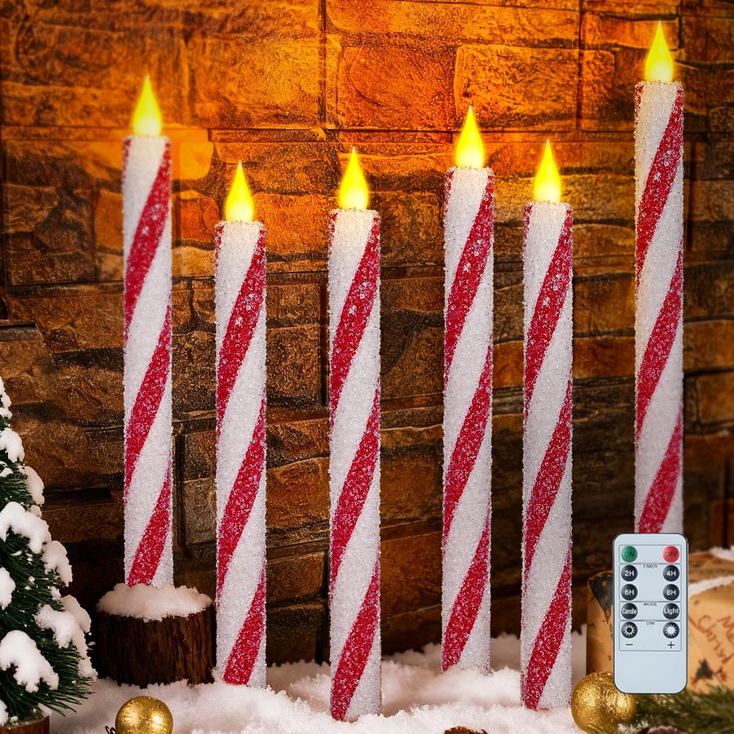 6 Pack Christmas Candy Cane Flameless Flickering Candles with Remote Control