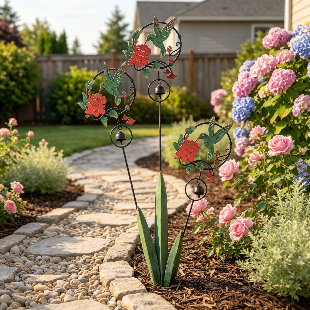 Triple Hummingbird and Lily Garden Stake