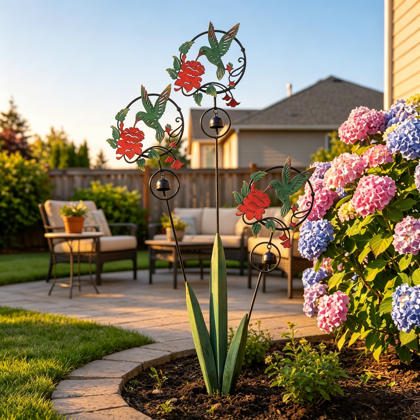 Triple Hummingbird and Lily Garden Stake