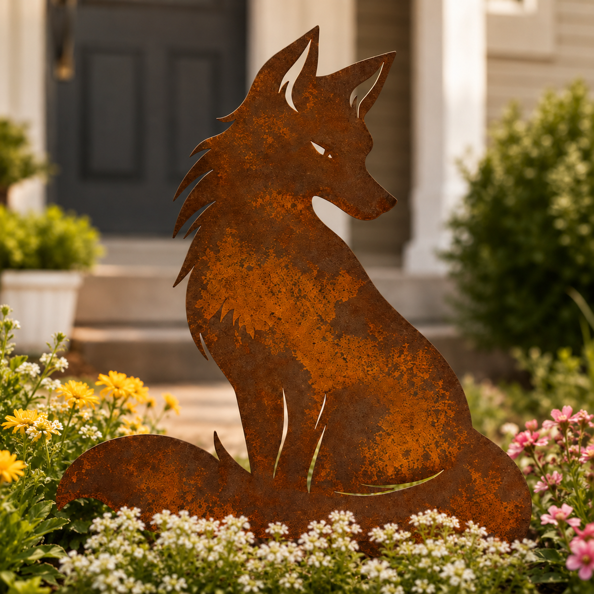 Rustic Rusty Fox Wolf Garden Stake Decor