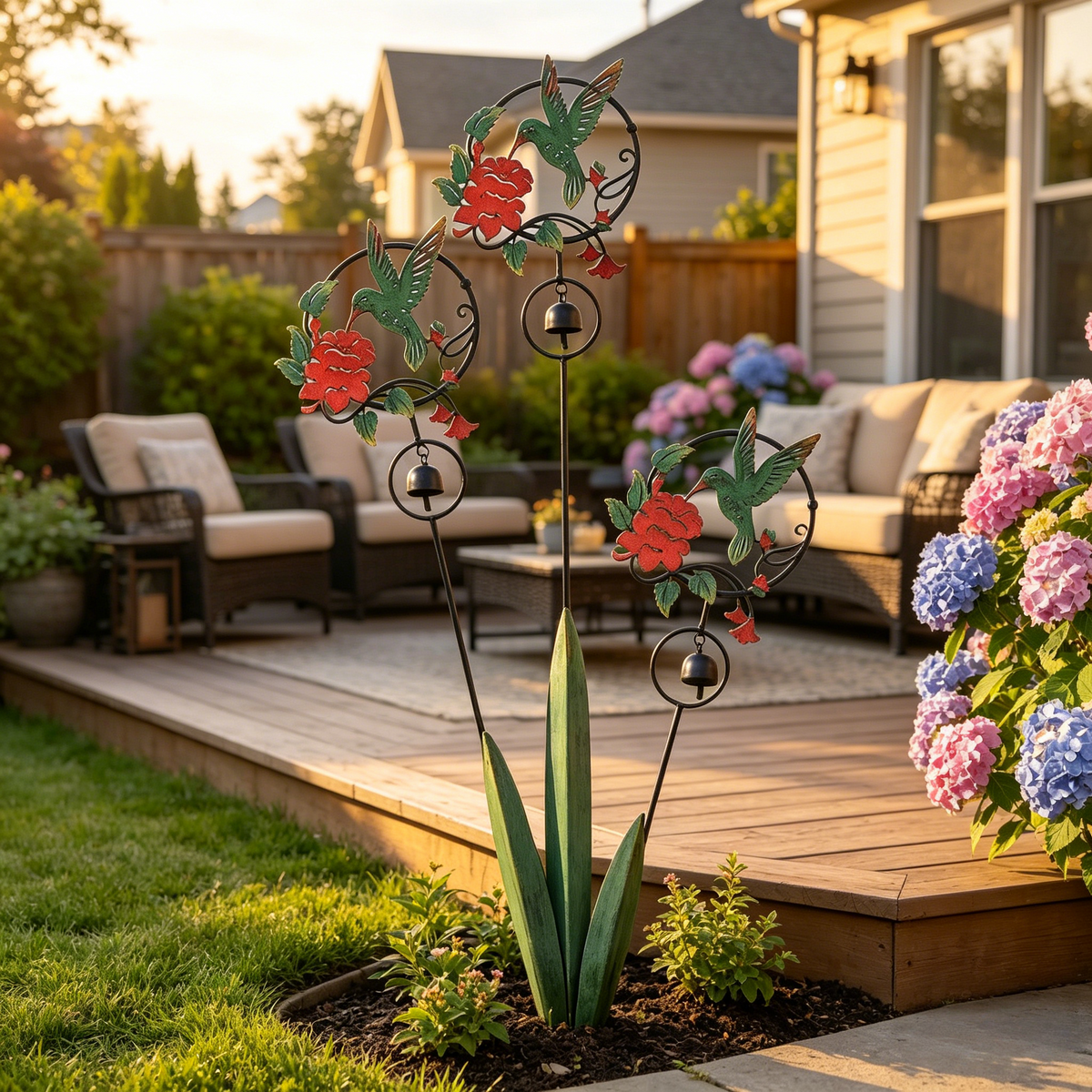 Triple Hummingbird and Lily Garden Stake