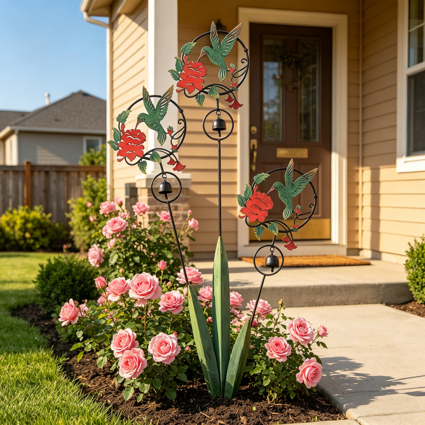 Triple Hummingbird and Lily Garden Stake