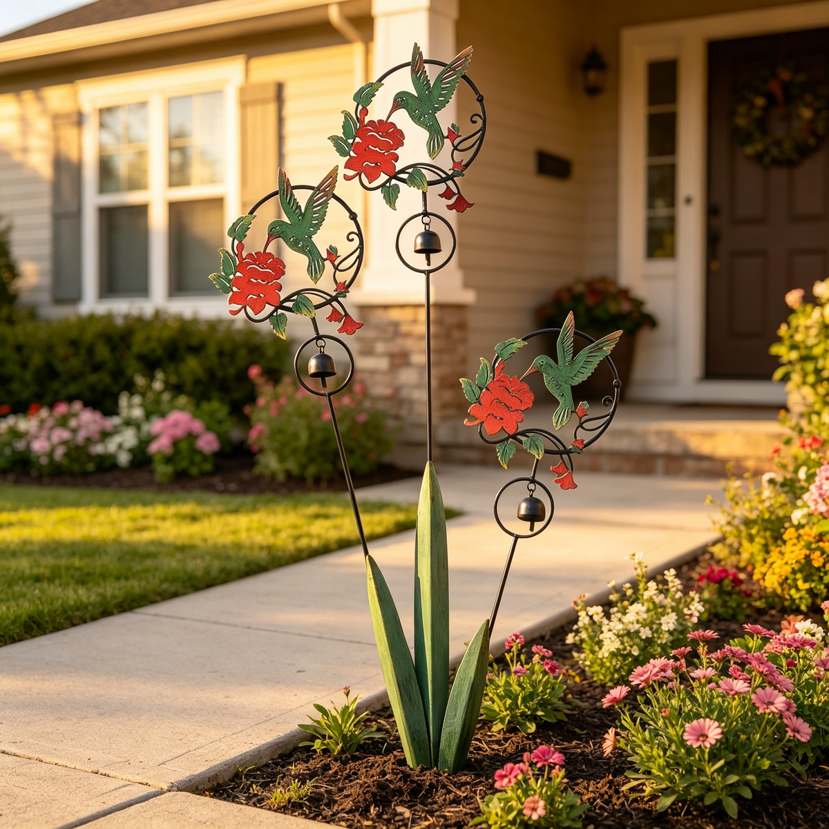 Triple Hummingbird and Lily Garden Stake