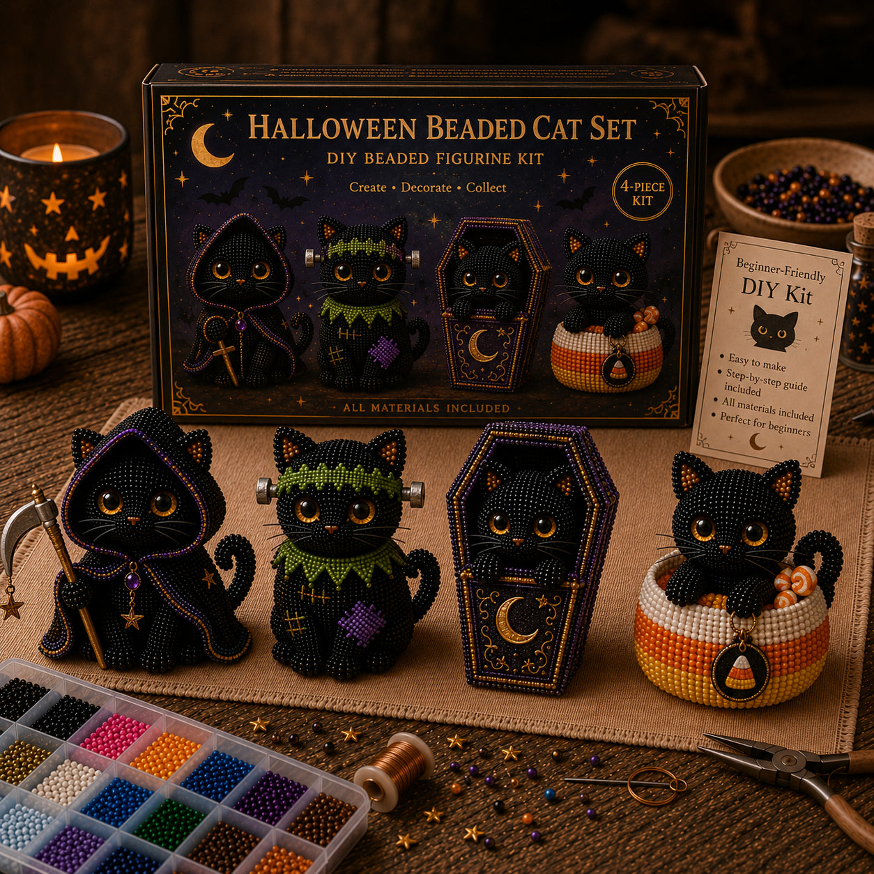 🔥50% Off Last Day -🎃 Halloween Beaded Cat 4-Piece DIY Kit