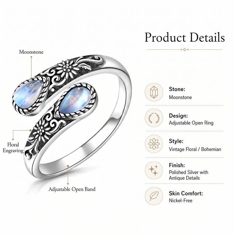 🌙Last Day 50% OFF🌙Moonstone Bloom Ring | Vintage Style • Adjustable Fit • Timeless Elegance