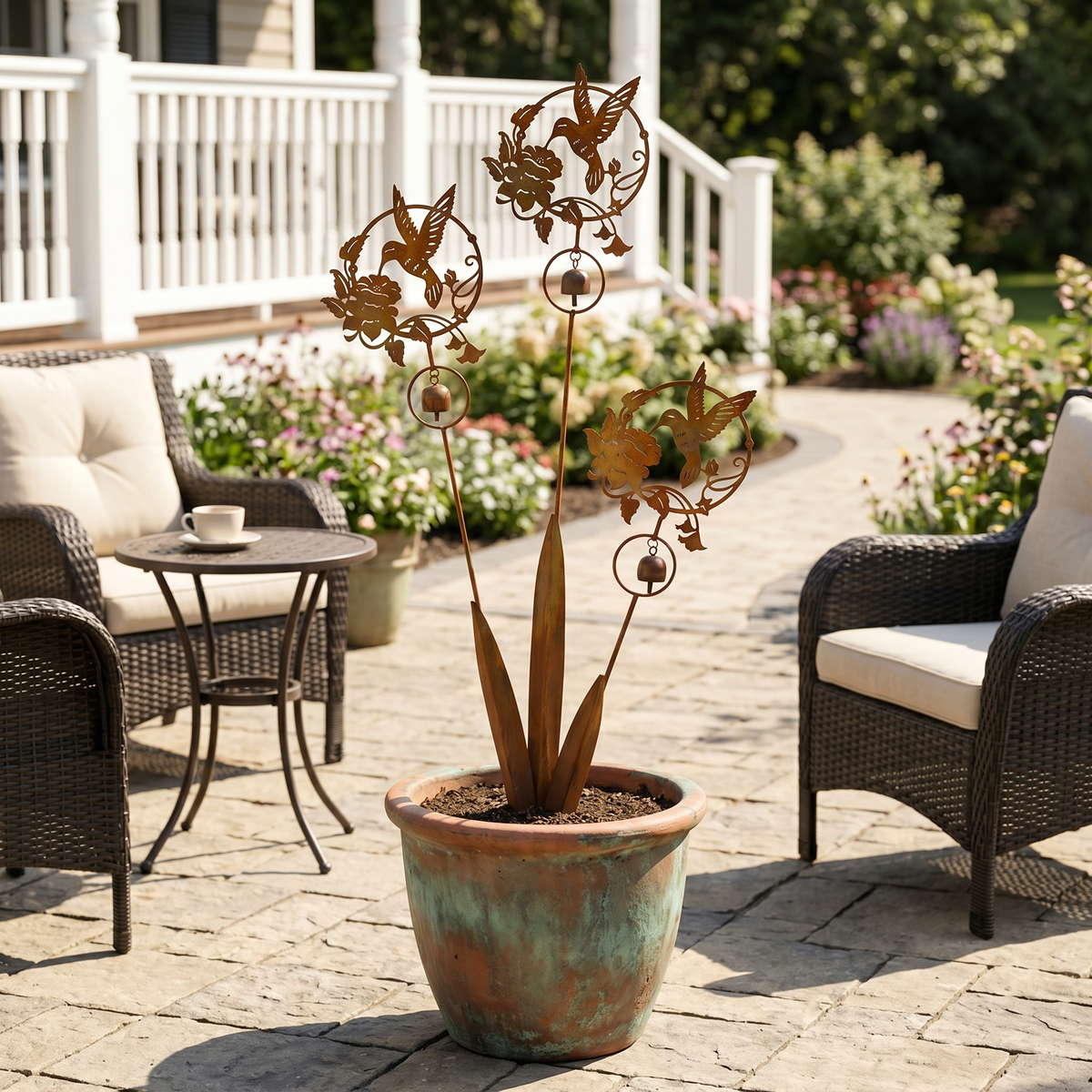 Triple Hummingbird and Lily Garden Stake
