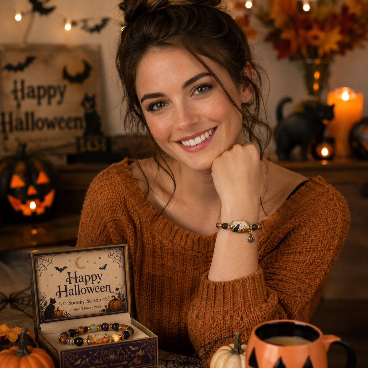 Limited Edition 2026 Halloween Black Cat Pumpkin Beaded Bracelet Gift Set