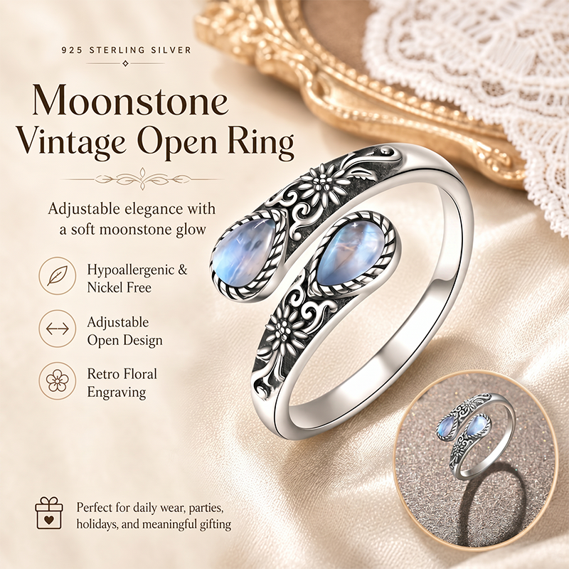🌙Last Day 50% OFF🌙Moonstone Bloom Ring | Vintage Style • Adjustable Fit • Timeless Elegance