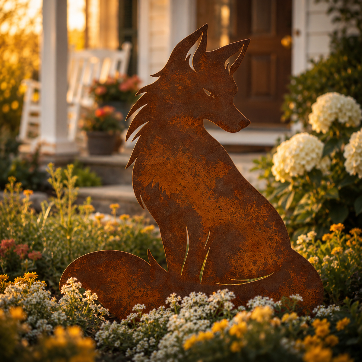 Rustic Rusty Fox Wolf Garden Stake Decor