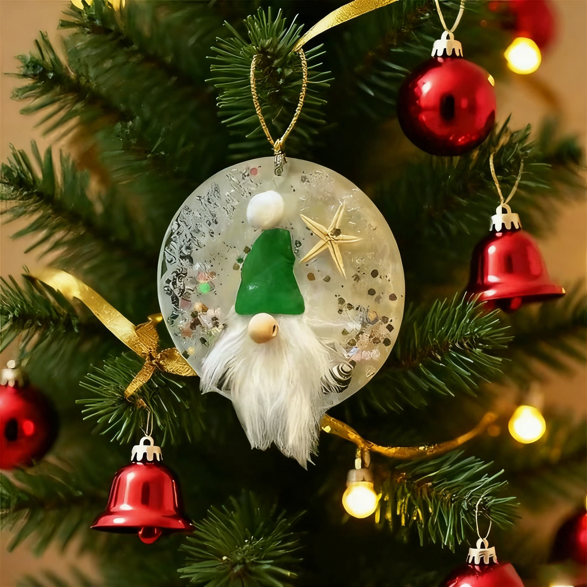 Coastal Christmas Gnome Sea Glass Ornament