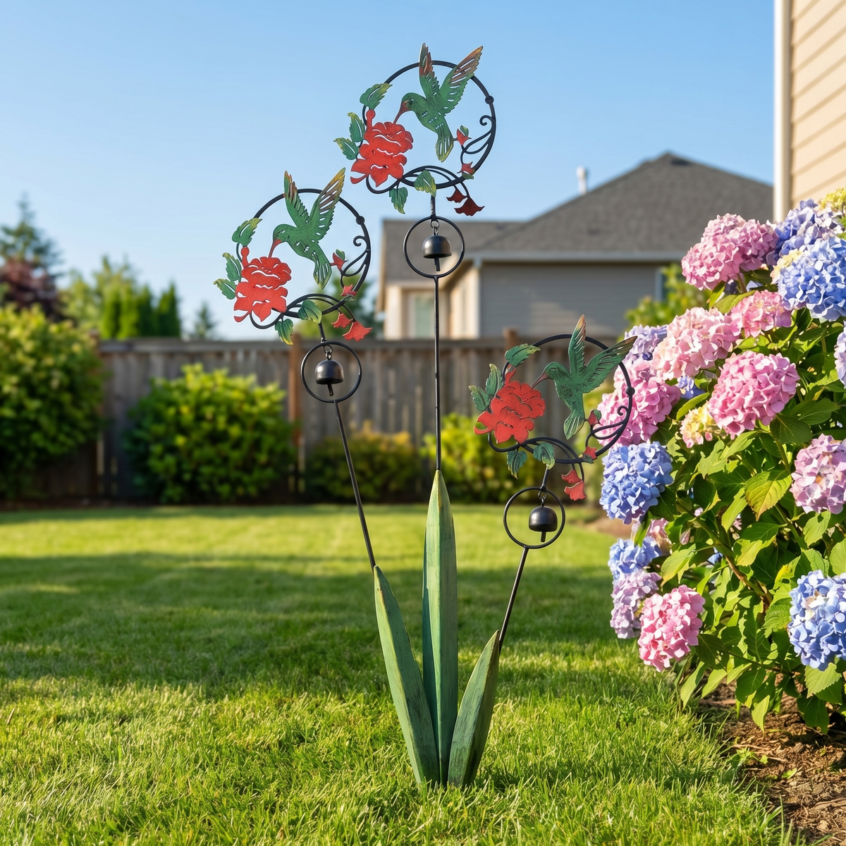 Triple Hummingbird and Lily Garden Stake