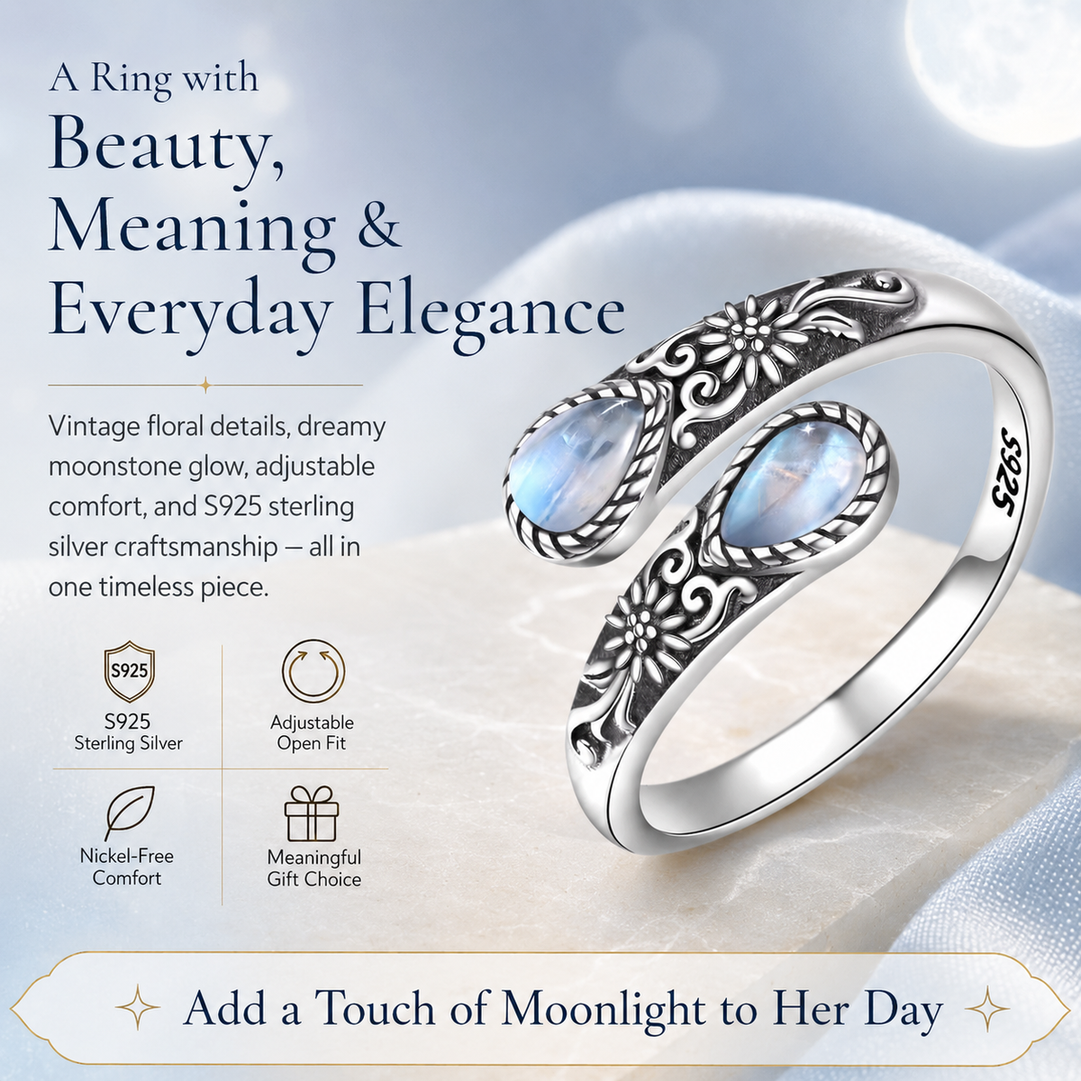 🌙Last Day 50% OFF🌙Moonstone Bloom Ring | Vintage Style • Adjustable Fit • Timeless Elegance