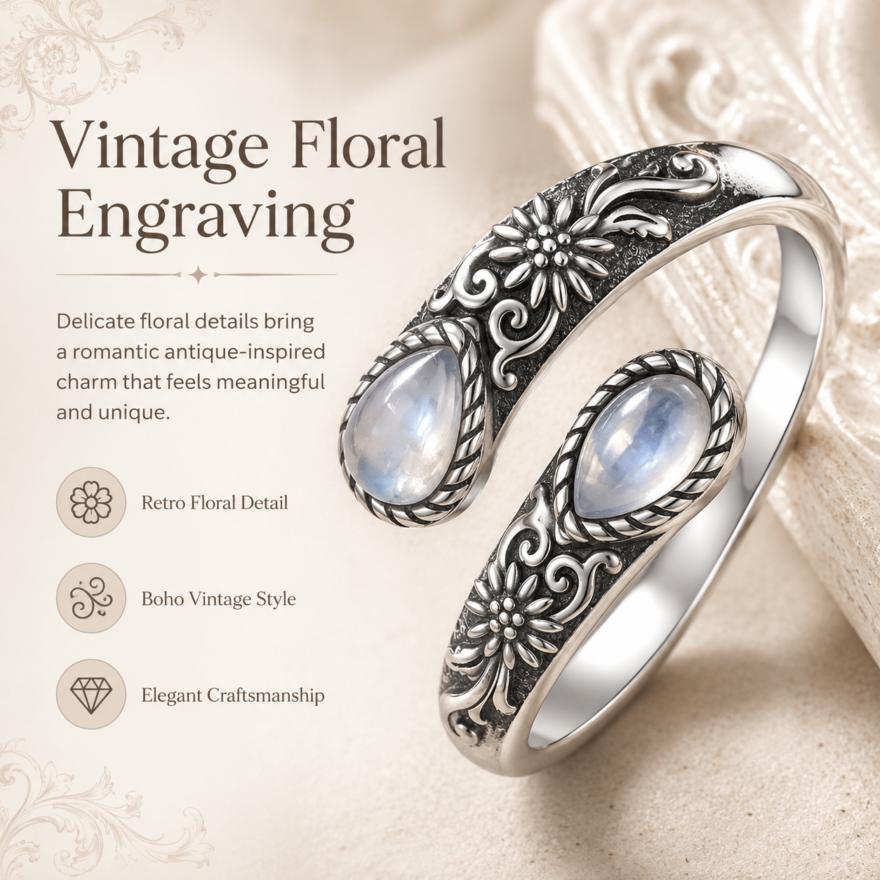 🌙Last Day 50% OFF🌙Moonstone Bloom Ring | Vintage Style • Adjustable Fit • Timeless Elegance