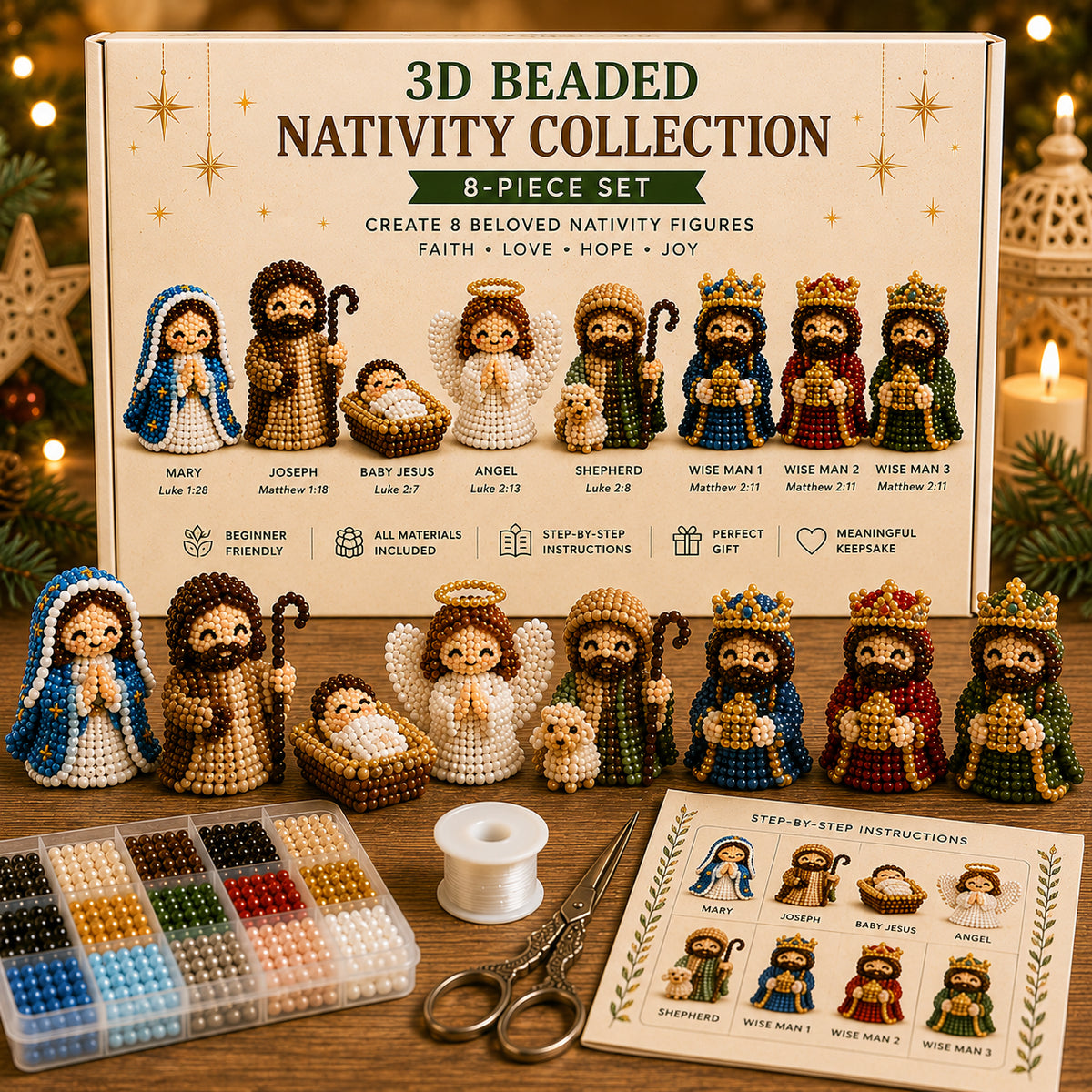 3D Beaded Nativity Collection DIY Kit – Handmade Christmas Faith Craft Set (8-Piece Set)