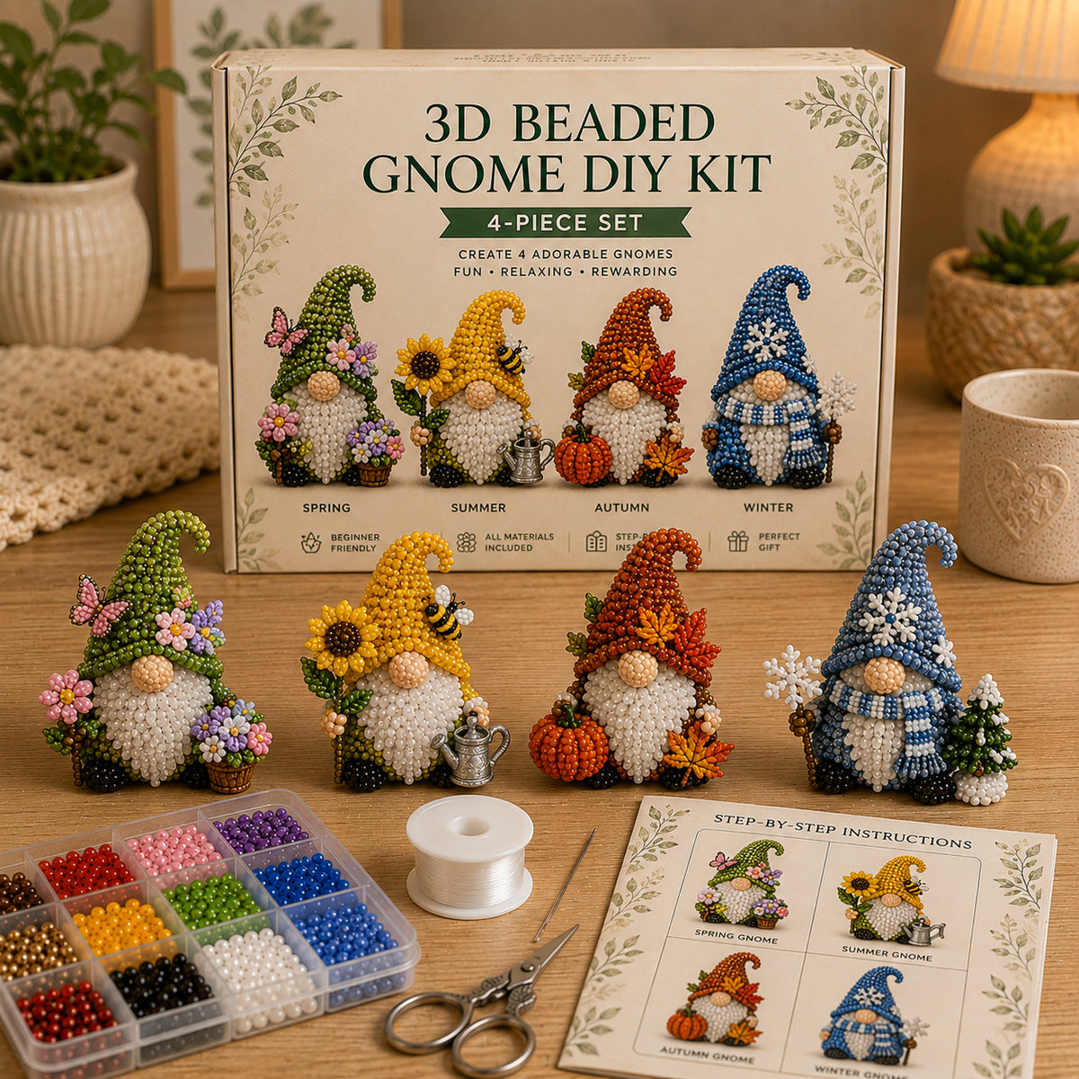 3D Beaded Gnome DIY Kit – Collectible Gnome Craft Set (4-Piece Series Collection)