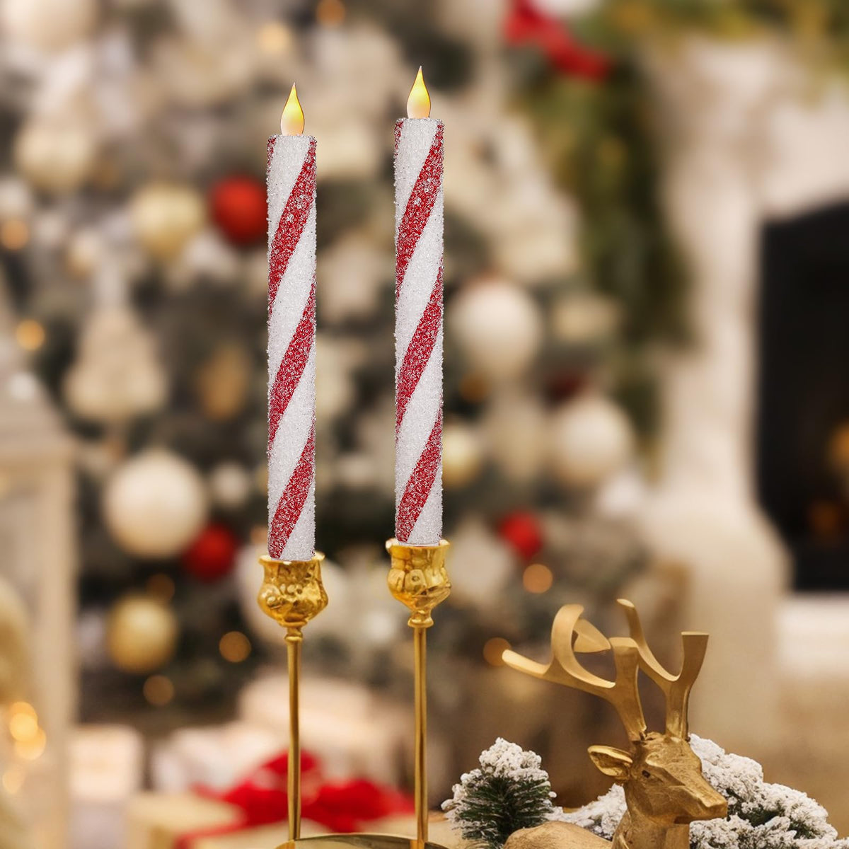 6 Pack Christmas Candy Cane Flameless Flickering Candles with Remote Control