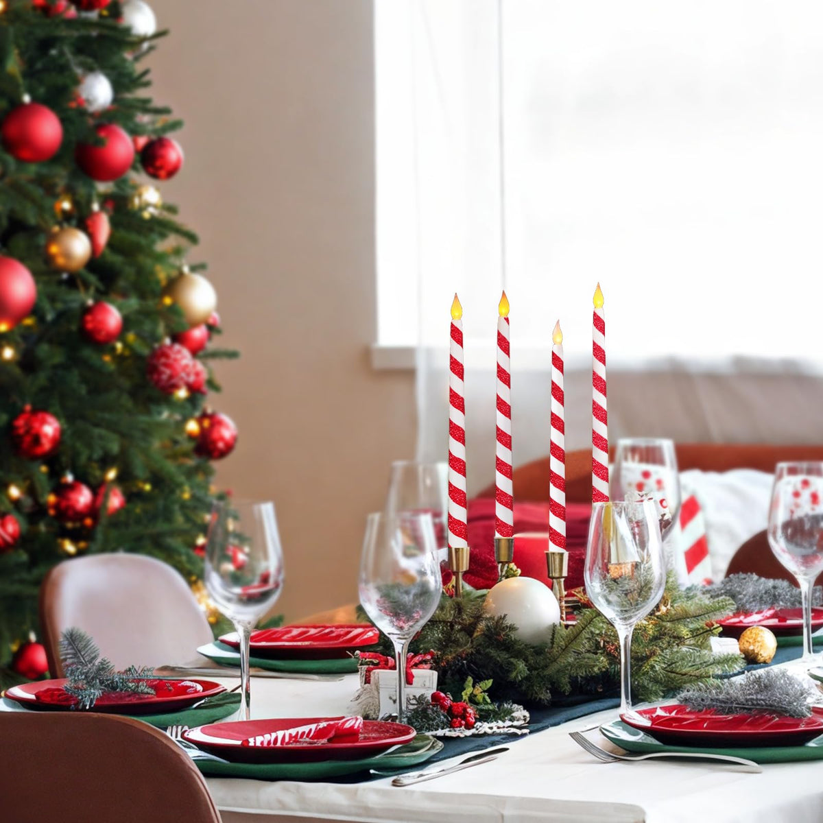 6 Pack Christmas Candy Cane Flameless Flickering Candles with Remote Control