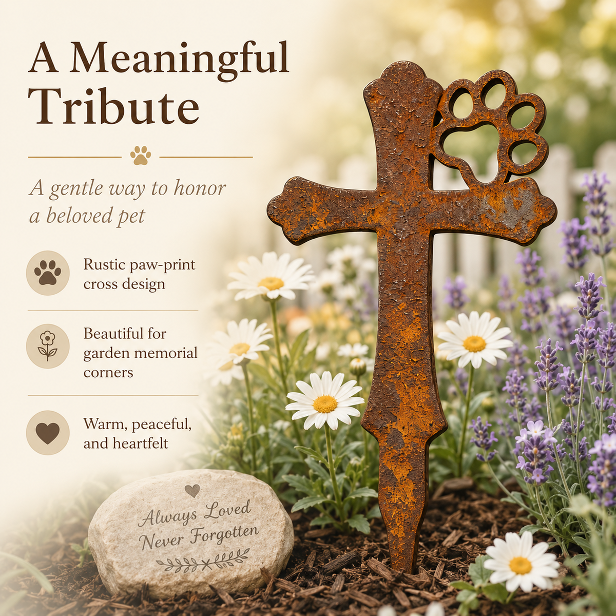 Rustic Metal Pet Memorial Garden Stake with Paw Print Cross