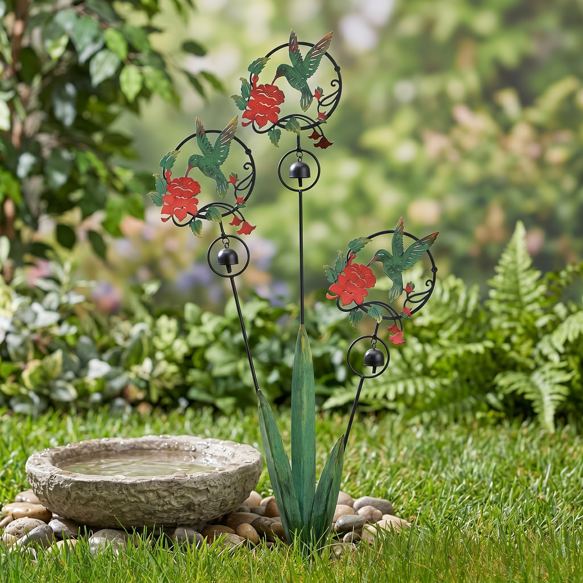Triple Hummingbird and Lily Garden Stake