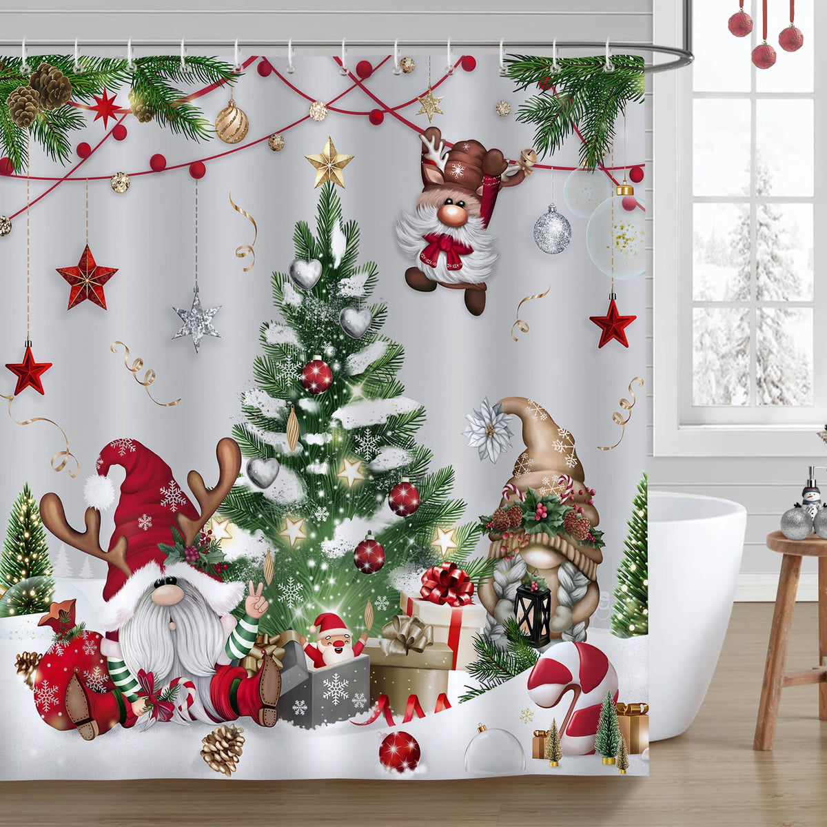Christmas Gnomes Waterproof Shower Curtain