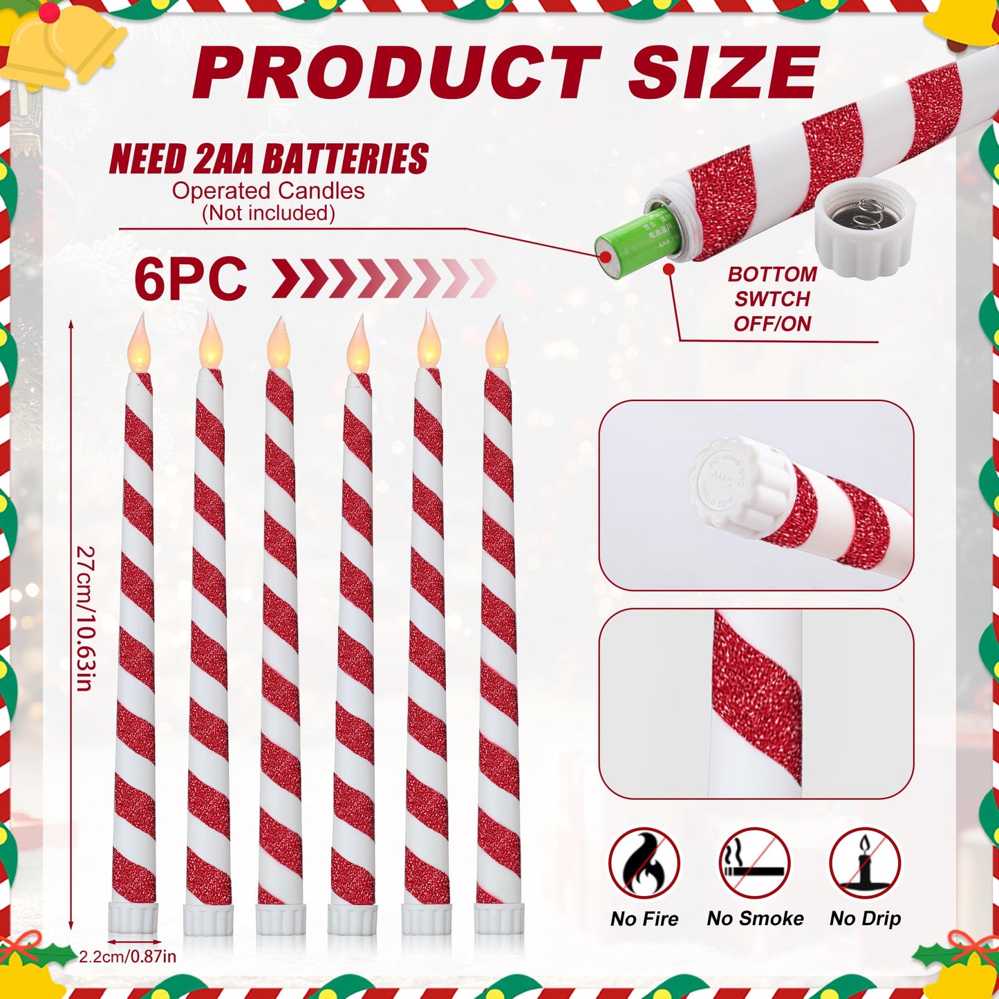 6 Pack Christmas Candy Cane Flameless Flickering Candles with Remote Control