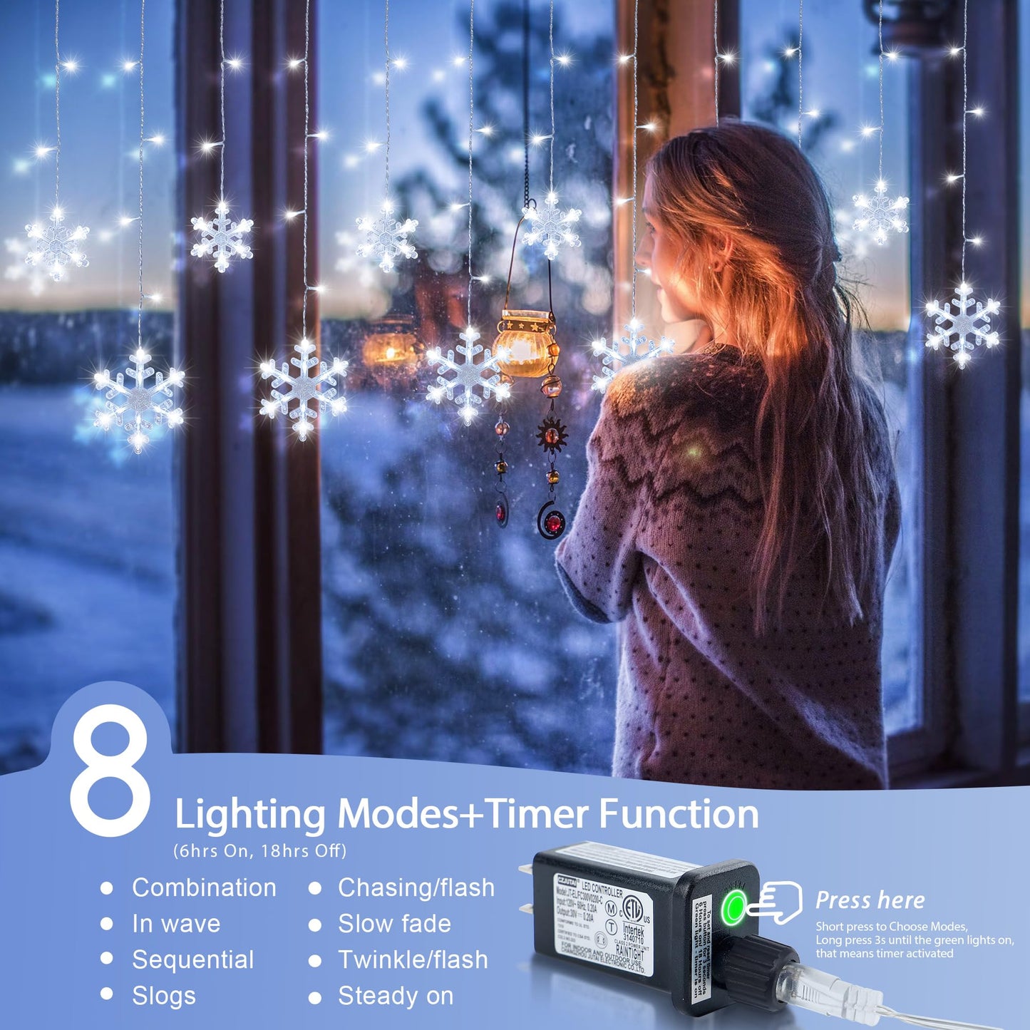 Christmas Snowflake Icicle Hanging String Lights with Remote Control