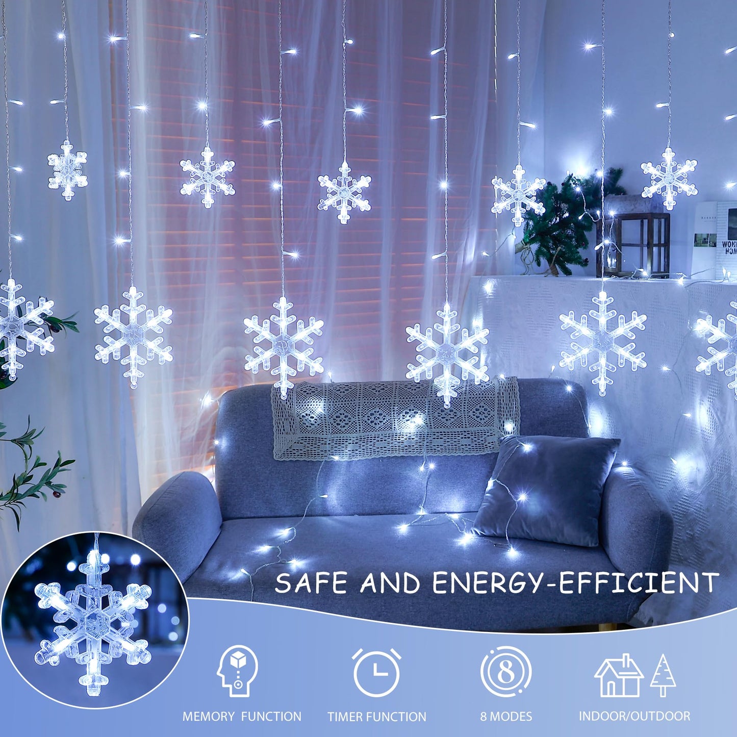 Christmas Snowflake Icicle Hanging String Lights with Remote Control
