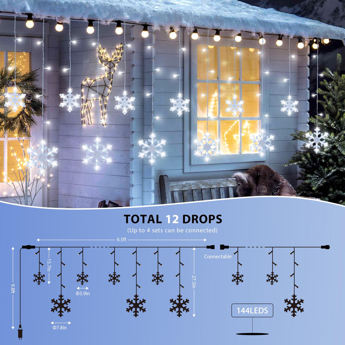 Christmas Snowflake Icicle Hanging String Lights with Remote Control