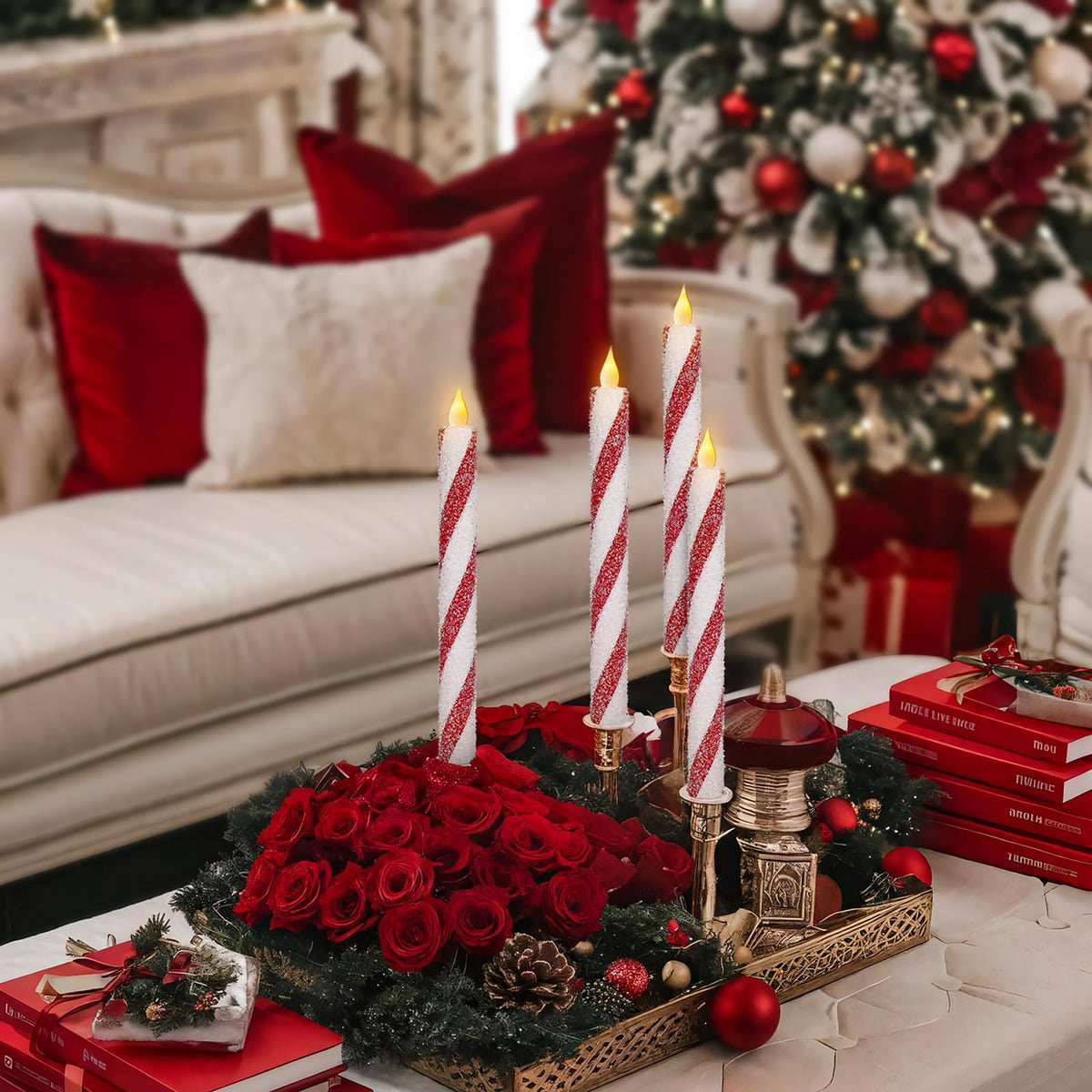 6 Pack Christmas Candy Cane Flameless Flickering Candles with Remote Control