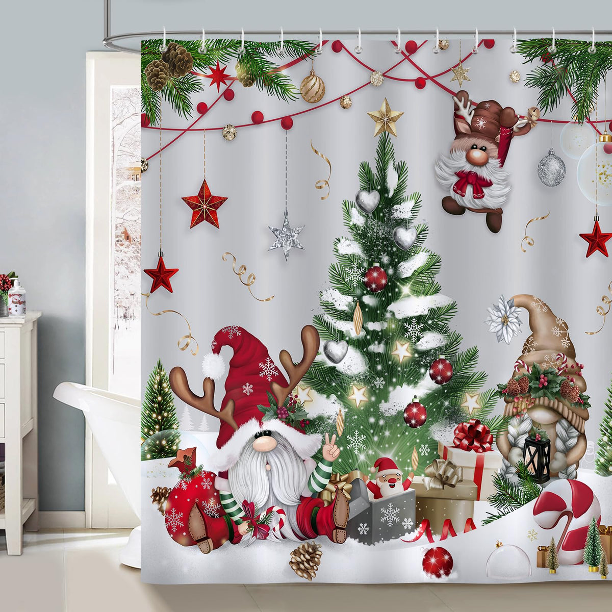 Christmas Gnomes Waterproof Shower Curtain